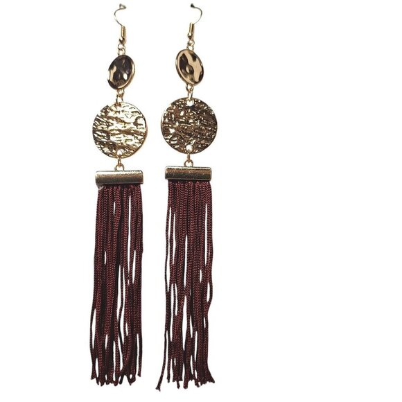 Boho Gold Tone Hammered Discs Red Tasseled Fringe Earrings Costume Jewelry - Picture 1 of 3